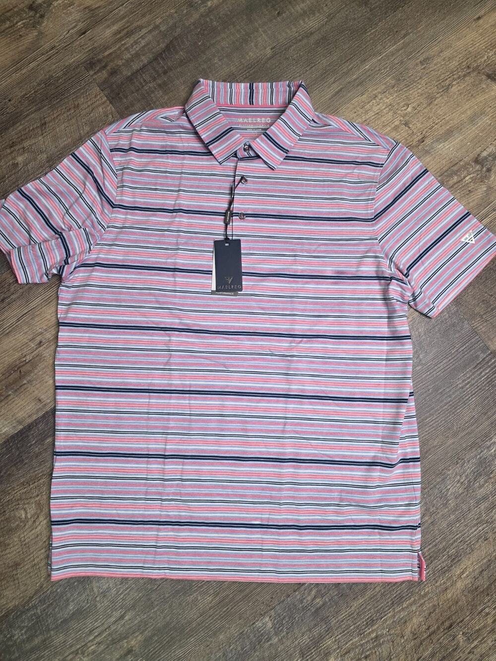 Maelreg Mens L Polo Shirt Pink Blue Striped Performance Short Sleeve Golf NWT